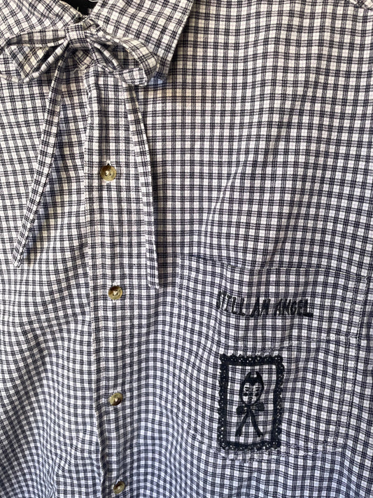 "Still An Angel" Block Print Button Down - Black and White Plaid L