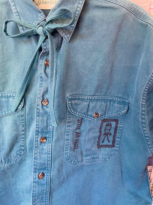"Still An Angel" Block Print Button Down - Juniper Blue with Sun Faded Look L
