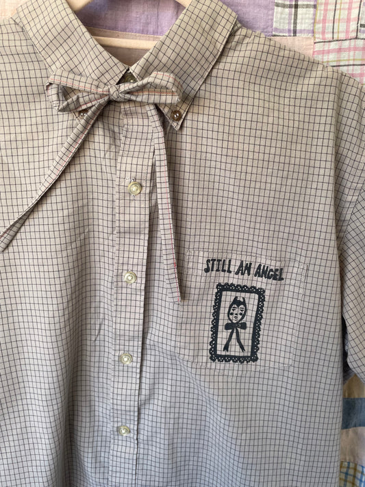 "Still An Angel" Block Print Button Down - Light Brown Grid L