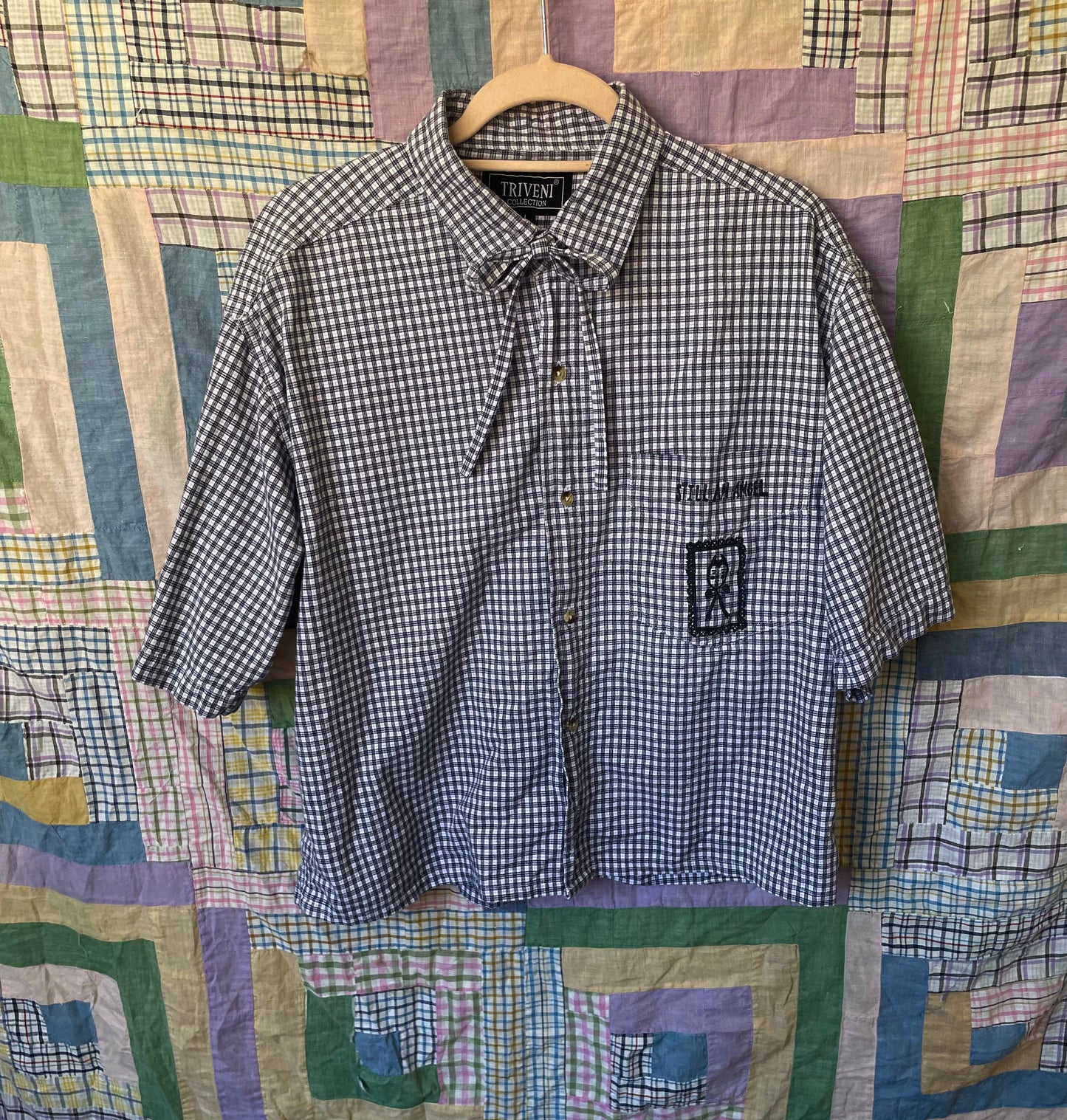 "Still An Angel" Block Print Button Down - Black and White Plaid L
