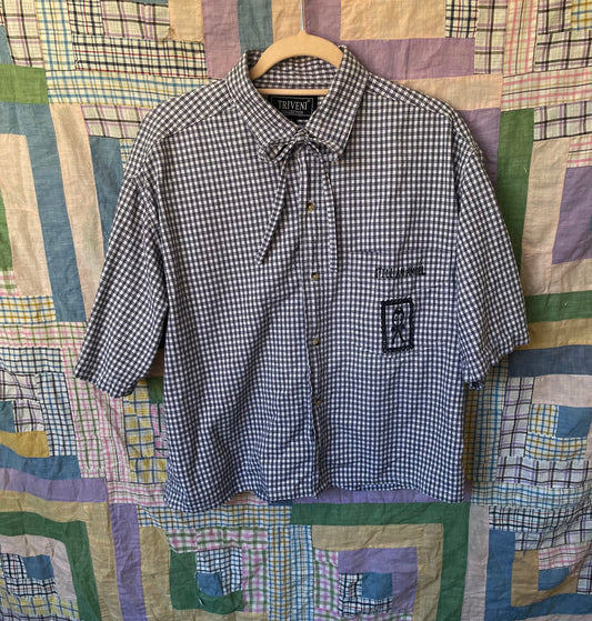 "Still An Angel" Block Print Button Down - Black and White Plaid L