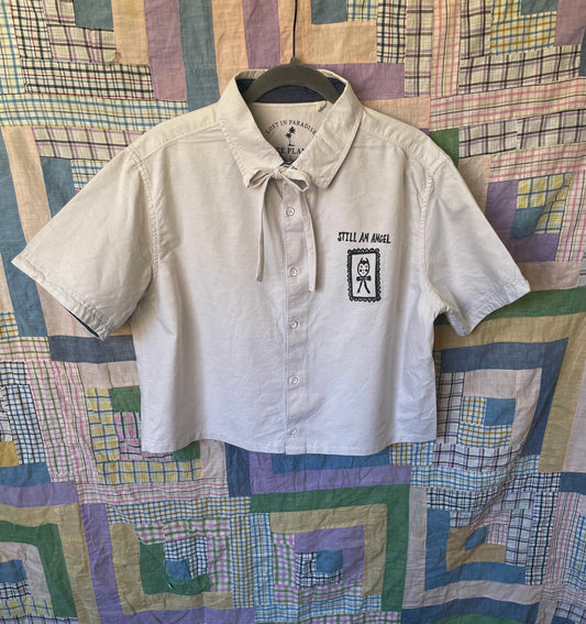 "Still An Angel" Block Print Button Down - Light Tan/Cream L
