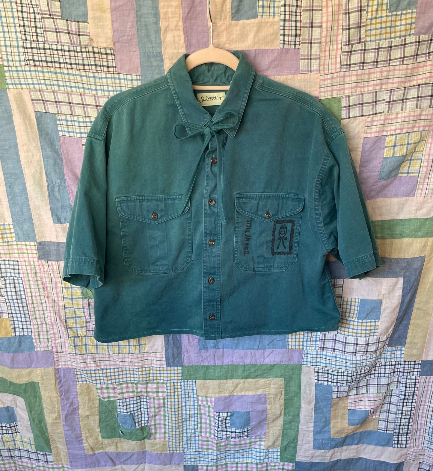 "Still An Angel" Block Print Button Down - Juniper Blue with Sun Faded Look L