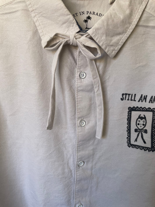"Still An Angel" Block Print Button Down - Light Tan/Cream L