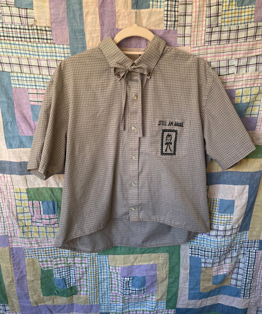 "Still An Angel" Block Print Button Down - Light Brown Grid L