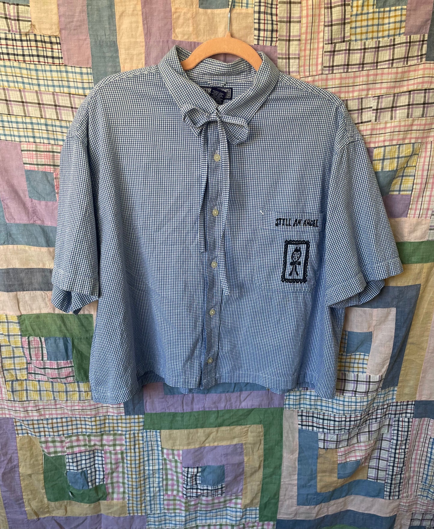 "Still An Angel" Block Print Button Down - Blue and White Tiny Gingham XL