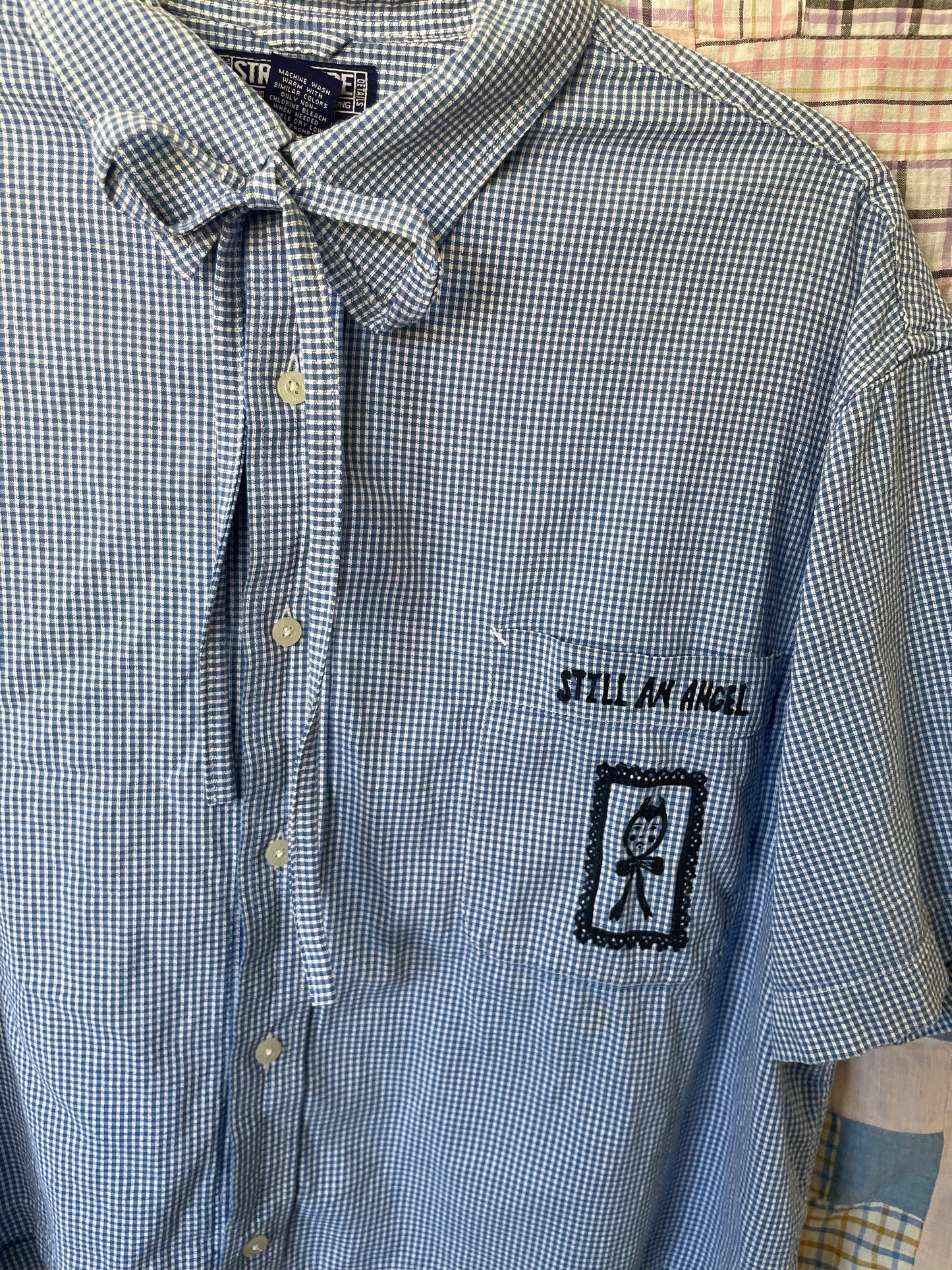"Still An Angel" Block Print Button Down - Blue and White Tiny Gingham XL