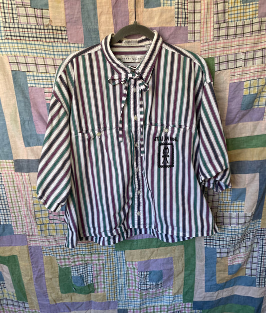 "Still An Angel" Block Print Button Down - Dusty Jewel Tone Stripes XL