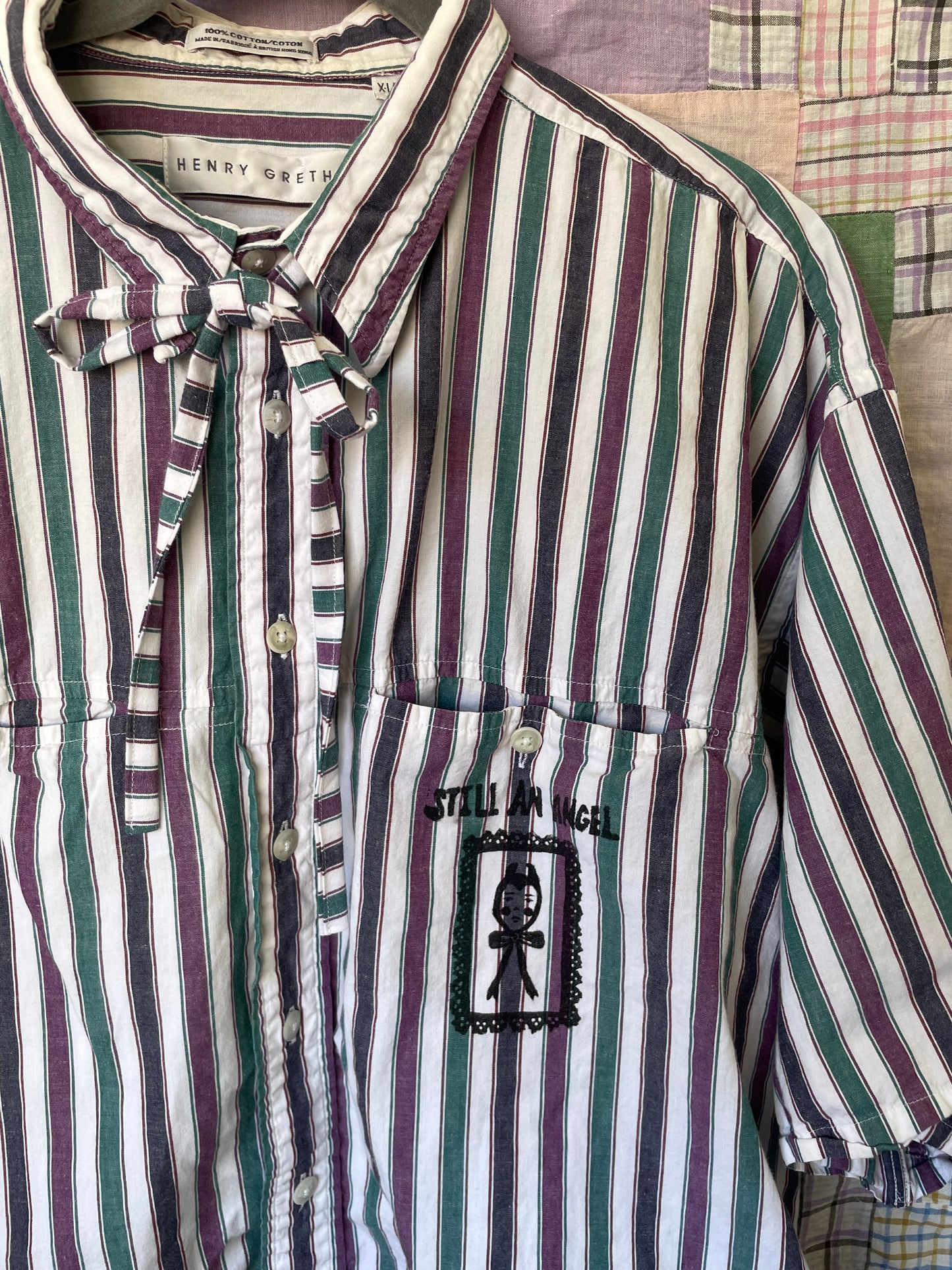 "Still An Angel" Block Print Button Down - Dusty Jewel Tone Stripes XL