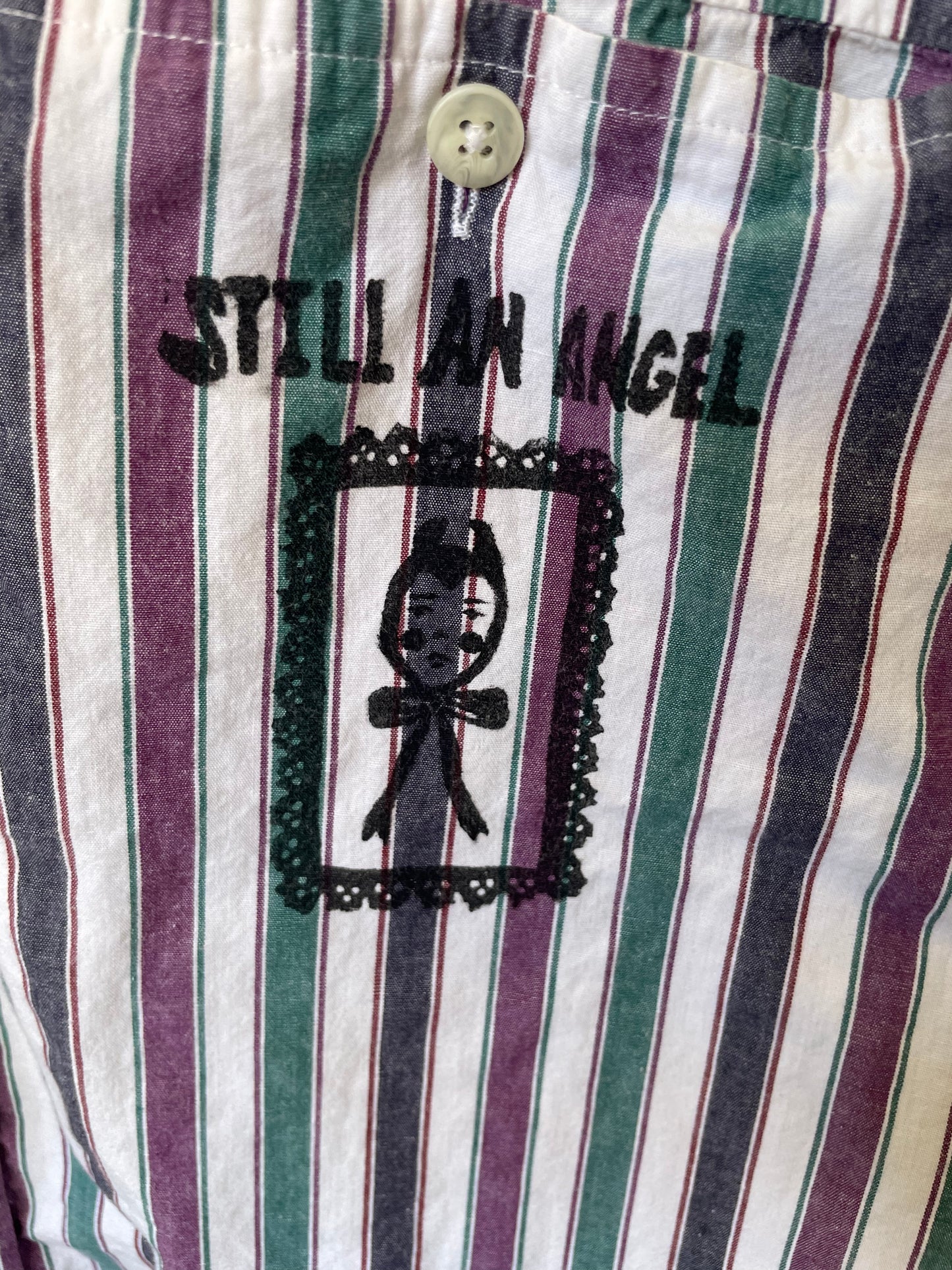 "Still An Angel" Block Print Button Down - Dusty Jewel Tone Stripes XL