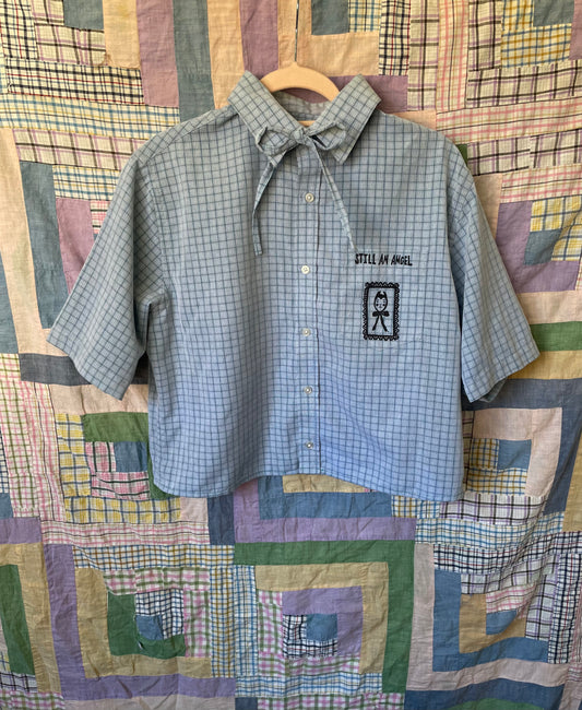 "Still An Angel" Block Print Button Down - Light Blue Plaid M